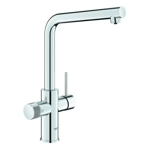 GROHE Wasserhahn mit einem hohen Auslauf und einer Steuerung für Warm- und Kaltwasser. Das Produkt zeigt eine chromfarbene Oberfläche und ein modernes Design.