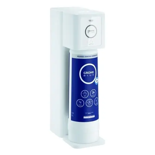 Grohe-Gerät zur Wasserfiltration in Weiß und Blau, mit einem zylindrischen Filterelement. Geeignet für die Umkehrosmose-Filterung von Wasser.