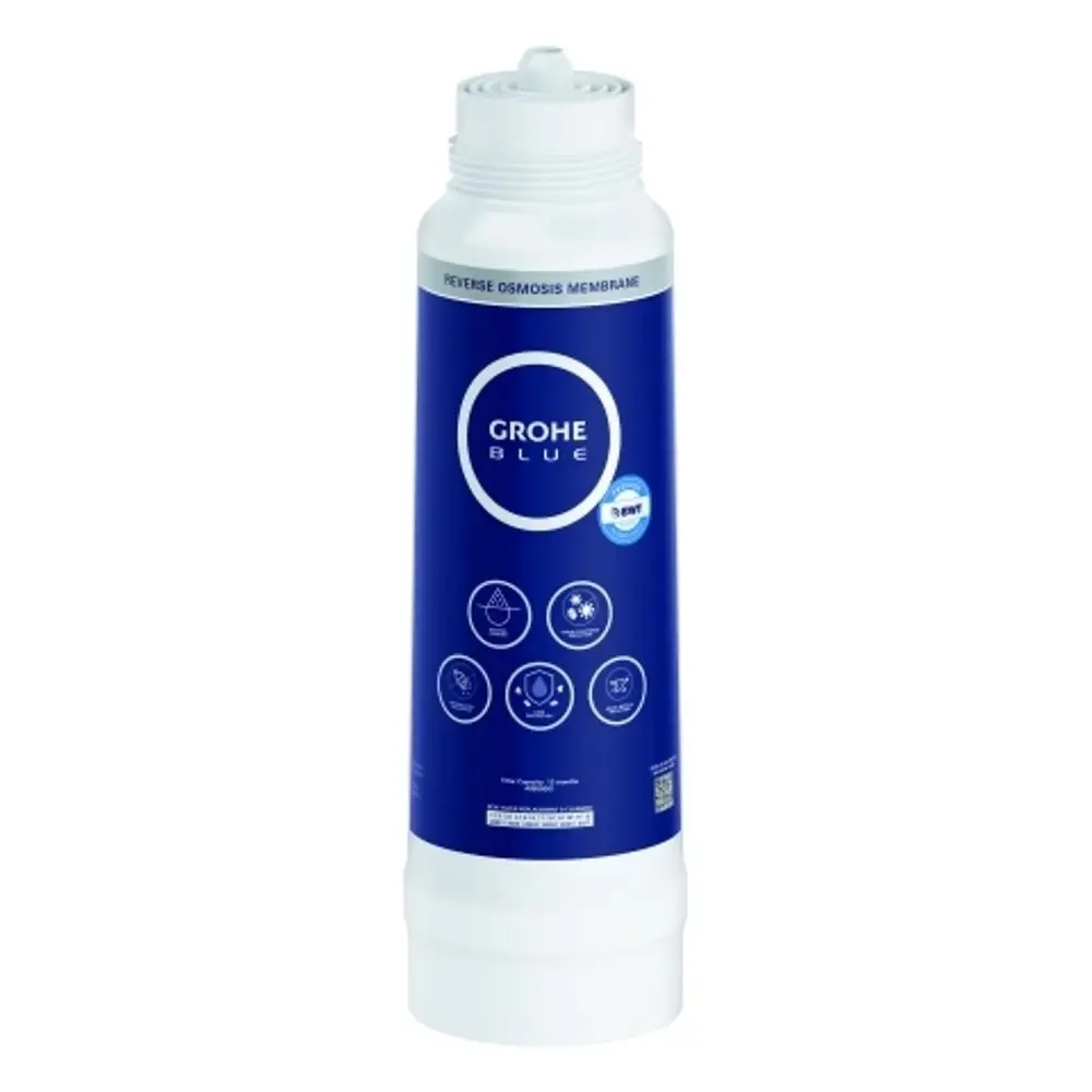 GROHE-Filter in schlanker, zylindrischer Form mit blauer und weißer Kennzeichnung, der für die Umkehrosmose zur Wasseraufbereitung konzipiert ist.