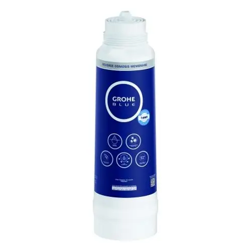 GROHE-Filter in schlanker, zylindrischer Form mit blauer und weißer Kennzeichnung, der für die Umkehrosmose zur Wasseraufbereitung konzipiert ist.