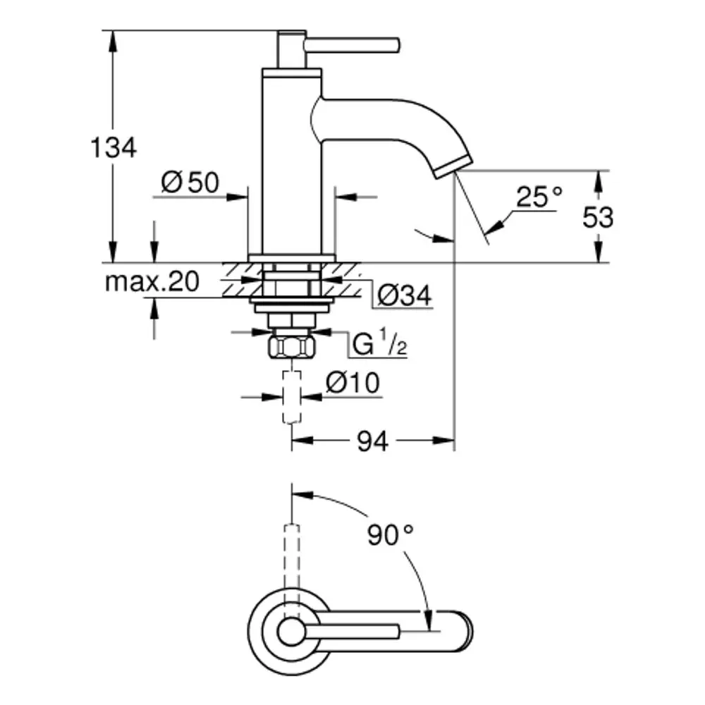 Technische Zeichnung eines Grohe Standventils mit Hebelgriff. Sie zeigt die Maße, Anschlüsse und Ausrichtung des Ventils.