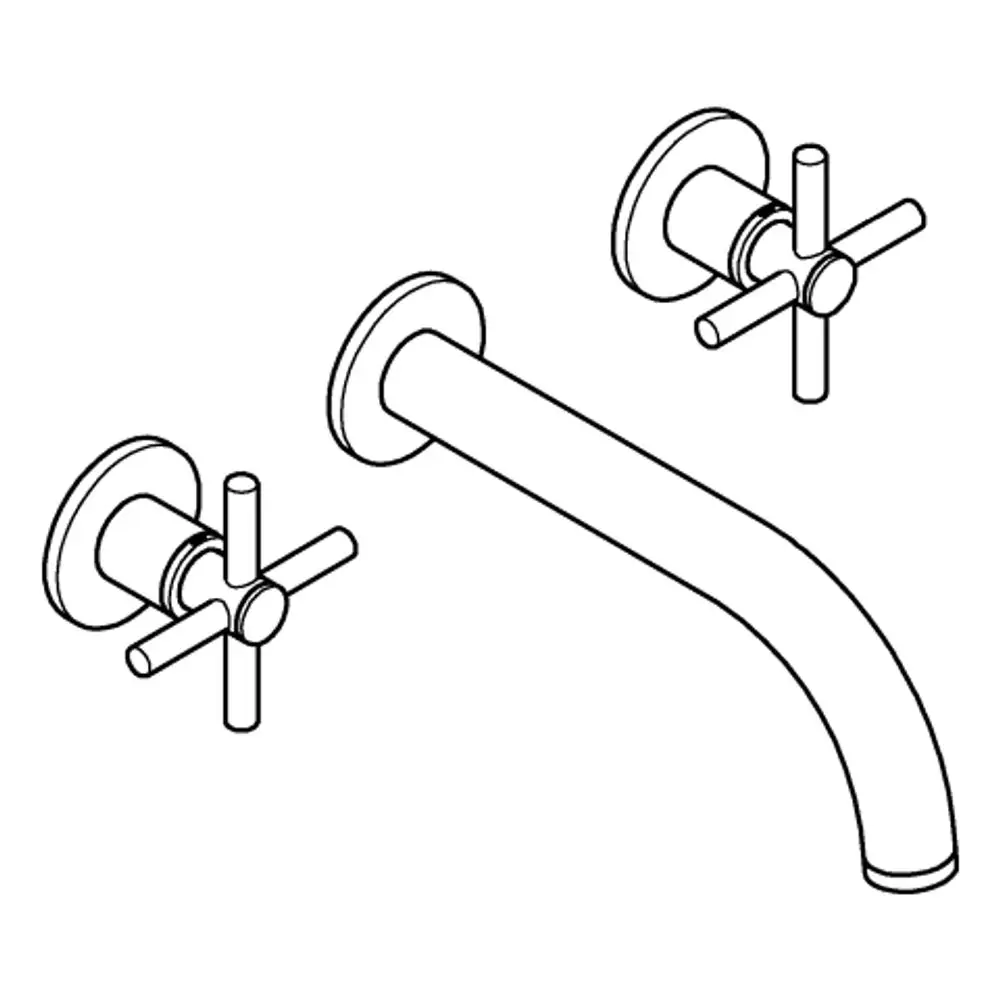Wandmontierte Grohe-Wasserhahn-Armatur mit zwei Kreuzgriffen und einem gebogenen Auslauf. Design in klaren Linien und minimalistischer Form.