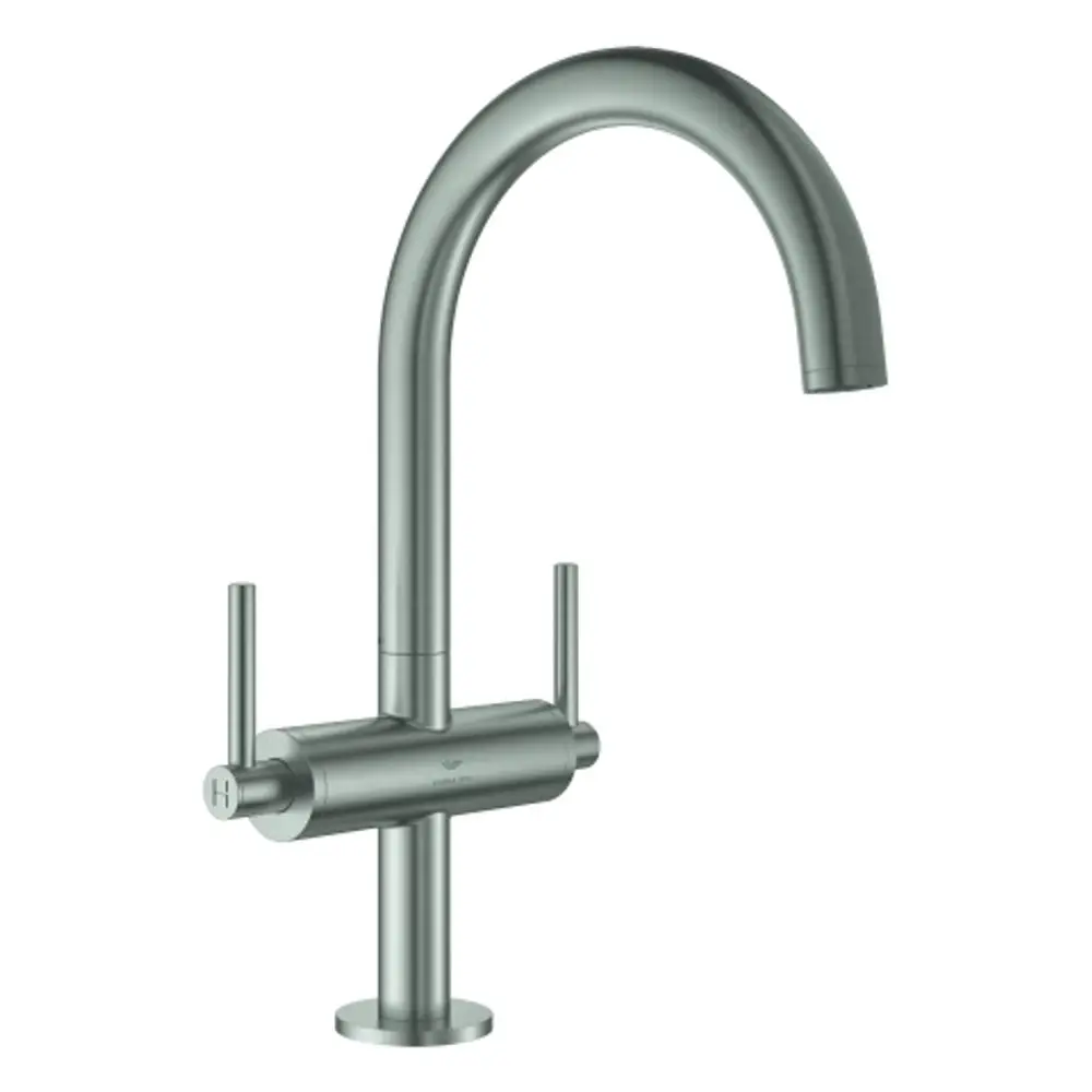 Grohe Armatur mit zwei Hebelgriffen, einem hohen, gebogenen Auslauf und einem modernen, eleganten Design in Edelstahloptik.