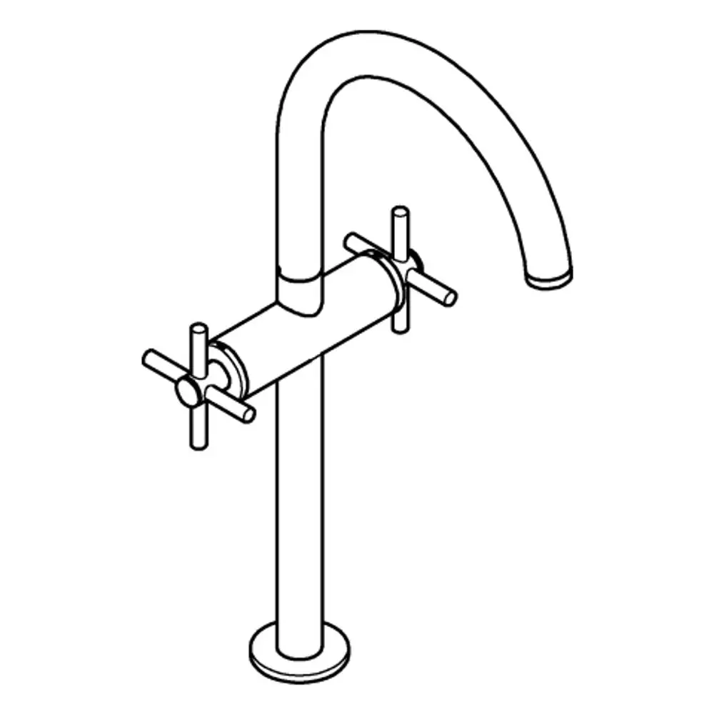 Ein Griff-Wasserhahn mit zwei Kreuzgriffen in chrom, hergestellt von Grohe. Der Hahn hat einen geschwungenen Auslauf und eine zentrale Spindel.