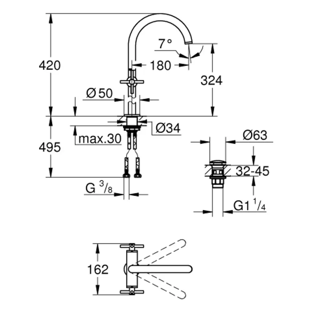 Grohe Einlochbatterie mit einem hohen, gebogenen Auslauf und Kreuzgriff. Technische Zeichnung zeigt Maße und Anschlussdetails der Armatur.