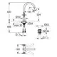 Grohe Einlochbatterie mit einem hohen, gebogenen Auslauf und Kreuzgriff. Technische Zeichnung zeigt Maße und Anschlussdetails der Armatur.