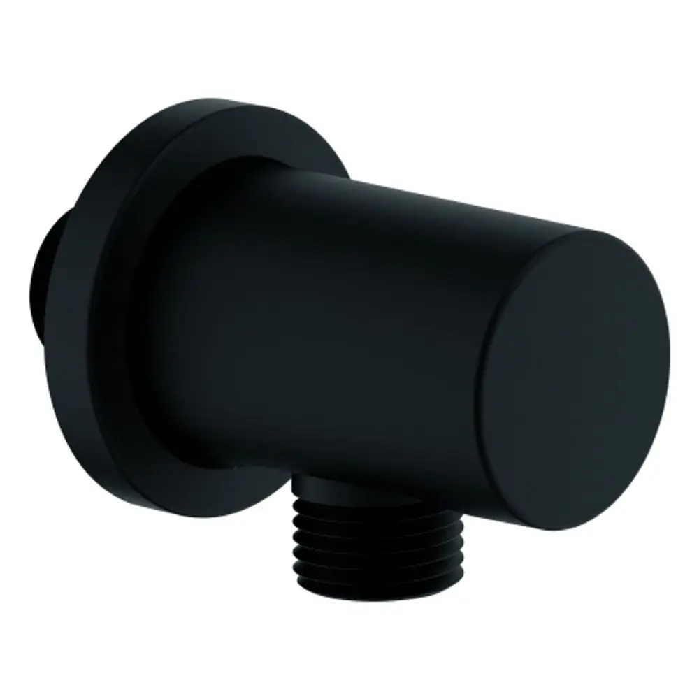 Wandanschlussbogen in Schwarz von Grohe, mit runder Rosette und einem Gewindeanschluss für die Montage an der Wand.