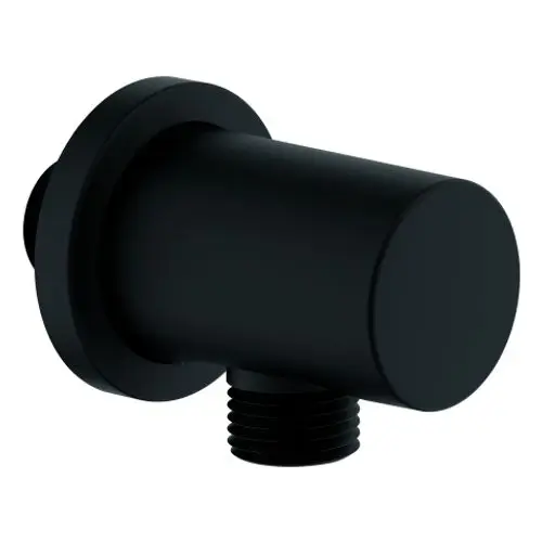 Wandanschlussbogen in Schwarz von Grohe, mit runder Rosette und einem Gewindeanschluss für die Montage an der Wand.