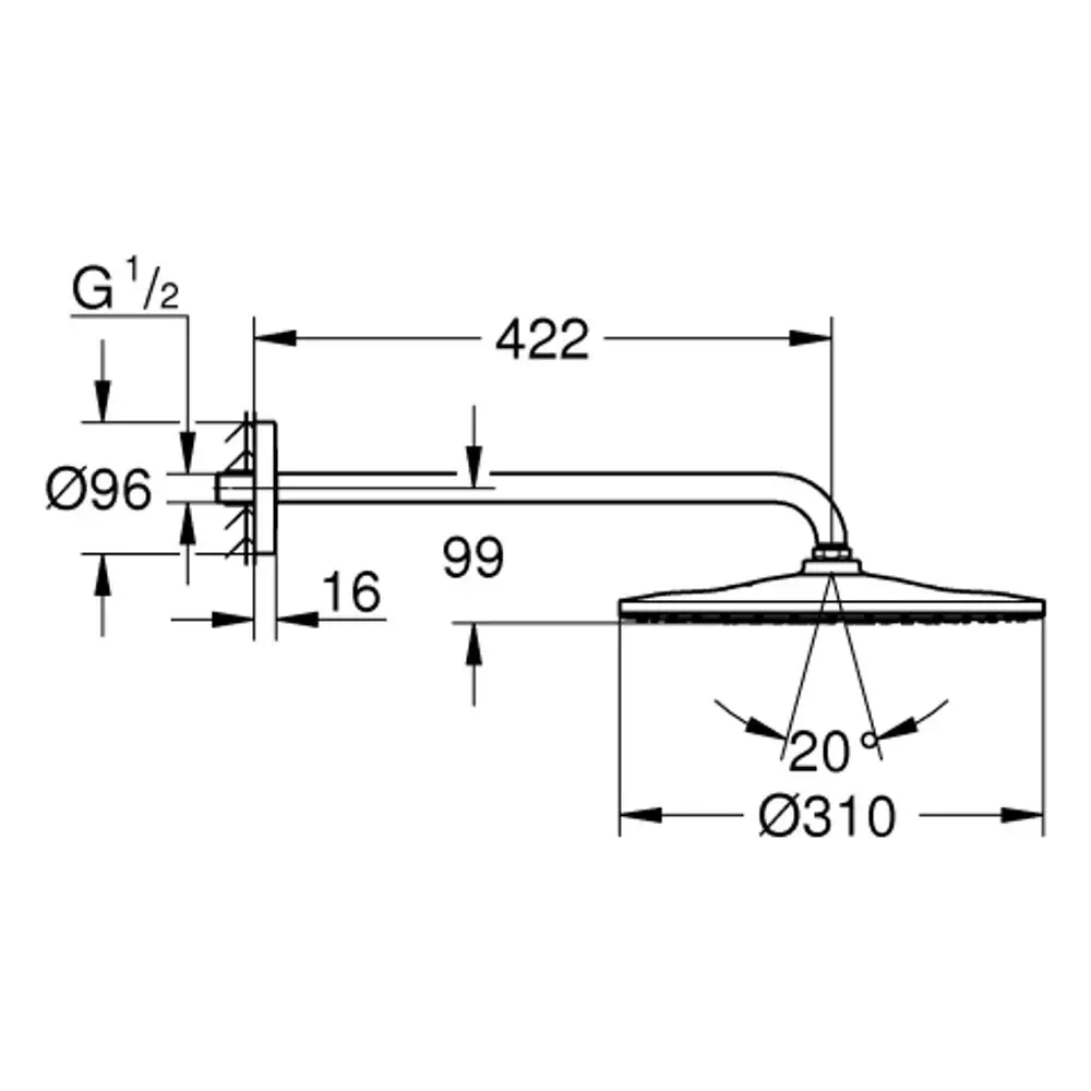 GROHE Kopfbrause mit rundem Kopf und Brausearm. Die Zeichnung zeigt die Montage- und Anschlussdetails sowie die Dimensionen des Produkts.