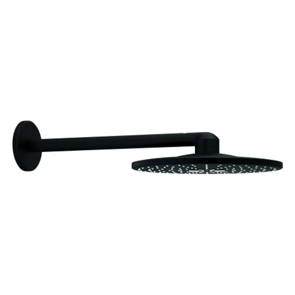 Grohe Kopfbrause in schwarzer Oberfläche, rund mit einer langen, geraden Armatur, die an der Wand montiert ist. Zwei Strahlarten erkennbar.