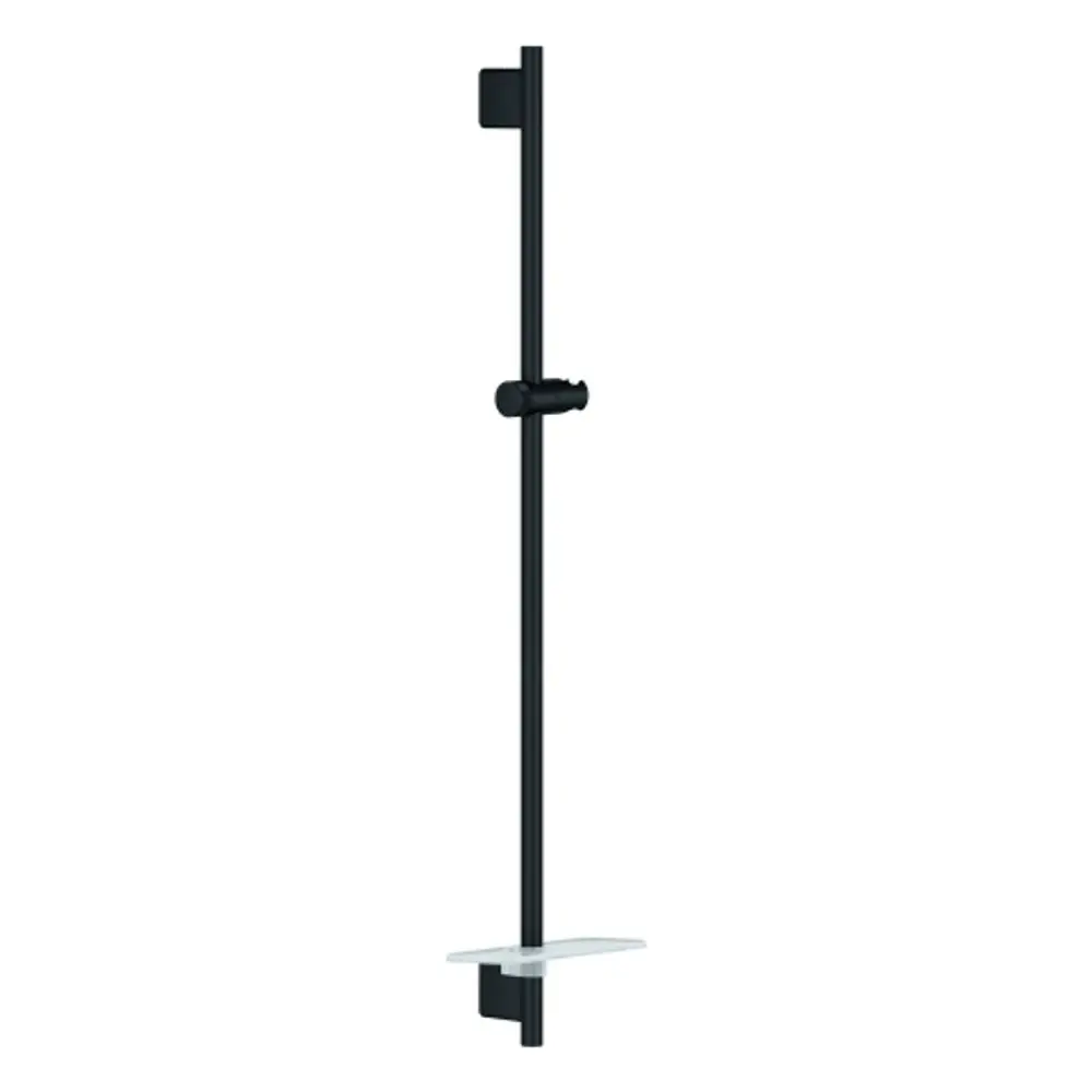 Schlichte Brausestange in Schwarz, gefertigt von Grohe. Sie verfügt über eine integrierte Ablage und ist an einer vertikalen Wand montiert, wobei sich der Halter in der Mitte befindet.