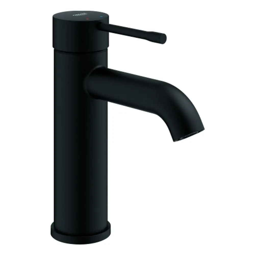 Schwarze Armatur von Grohe mit einem runden Körper und einem seitlichen Hebel zur Temperatur- und Wassermengesteuerung. Der Auslauf hat eine leicht gebogene Form.
