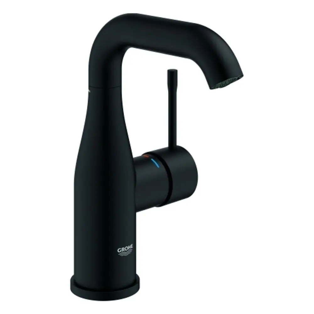 Schwarze Armatur von Grohe mit einem schlanken, geschwungenen Körper und einem seitlichen Hebel zur Temperatur- und Mengeneinstellung.