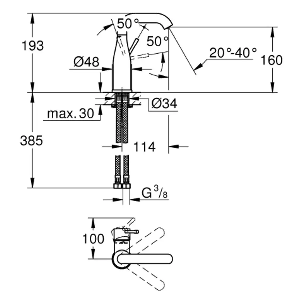 GROHE-Armatur mit einem glatten Körper in Schwarz. Vorderansicht mit Maßangaben und Details zur Montage und Bewegung des Bedienhebels.
