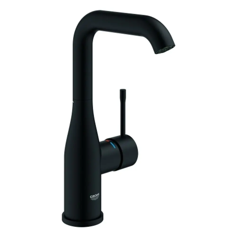 Schwarzer Einhebel-Wasserhahn von Grohe mit schmalem Auslauf und seitlichem Bedienhebel für die Temperaturregulierung.