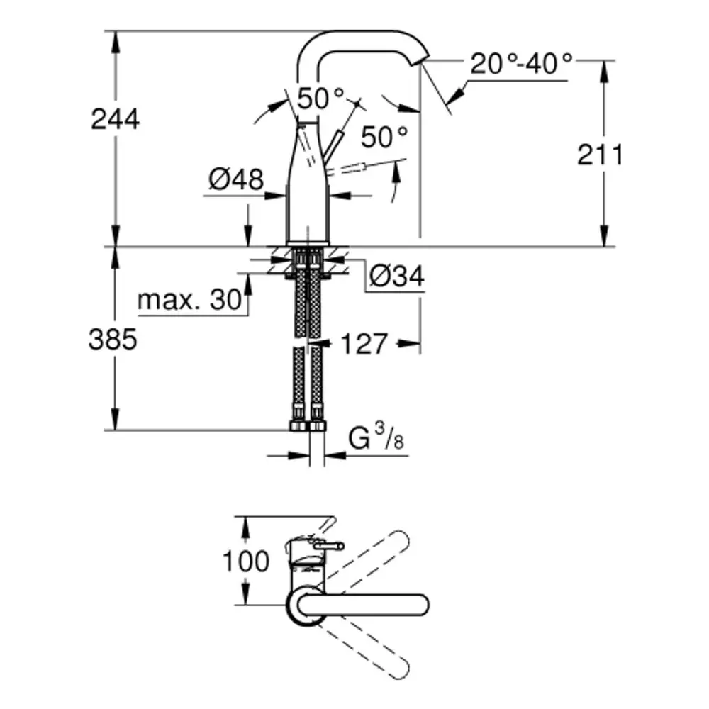 Armatur von Grohe für Waschbecken mit flexibler Bedienung und verstellbarem Auslauf. Technische Zeichnung mit Maßangaben zur Montage.