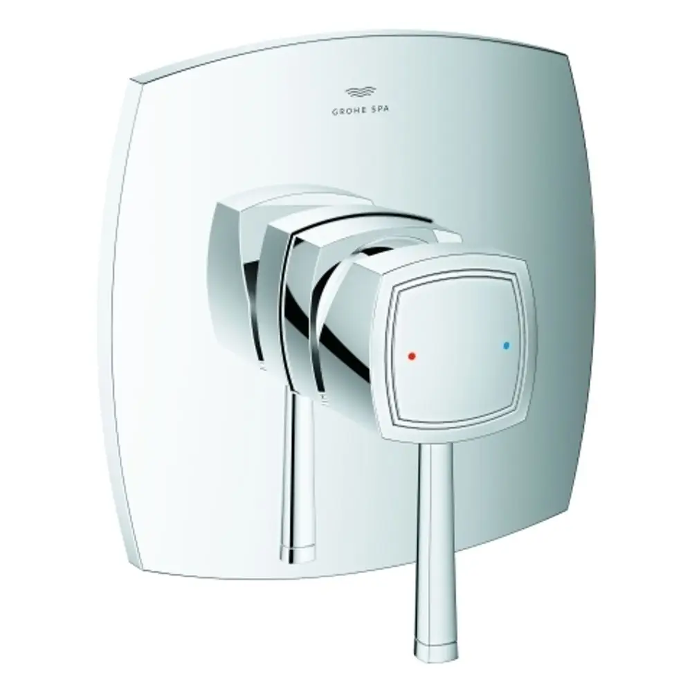 Grohe-Wannenarmatur mit verchromter Oberfläche, bestehend aus einem quadratischen Griff und zwei Hebeln zur Regulierung von Wassertemperatur und -fluss.