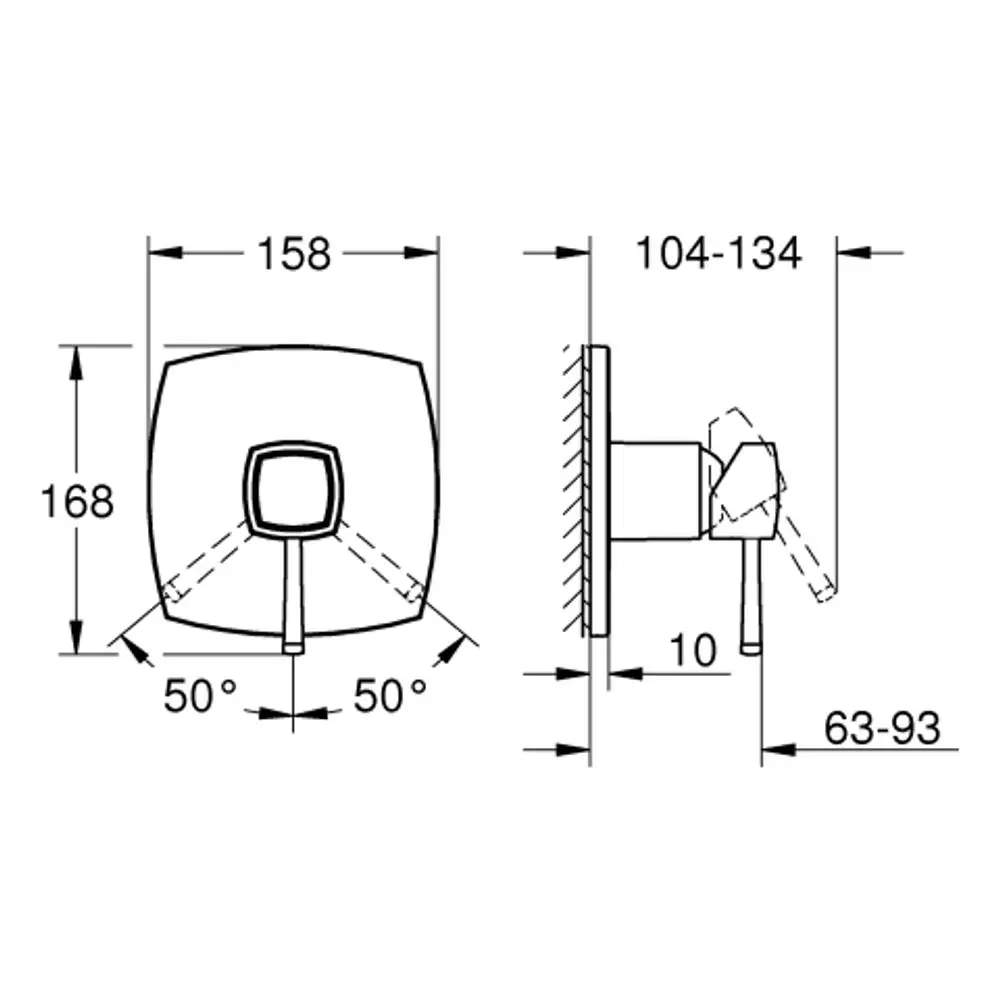 Grohe Brausebatterie mit quadratischem Design, seitlicher Bedienung, Wandmontage und variablen Abständen für die Installation. Technische Zeichnung mit Maßangaben.