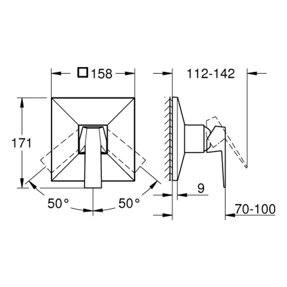 Grohe Brausebatterie mit quadratischem Design, montiert auf einer Wand, mit mehreren Einstellungsmöglichkeiten, abgebildet aus Vorder- und Seitenansicht.