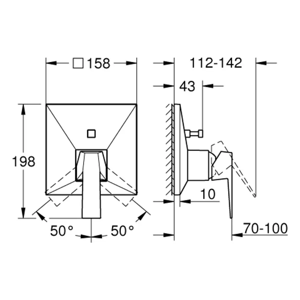 Technische Zeichnung einer Wandarmatur von Grohe, mit Abmessungen, Beleuchtungselementen und Montageskizze, die verschiedene Winkel und Installationstiefen zeigt.