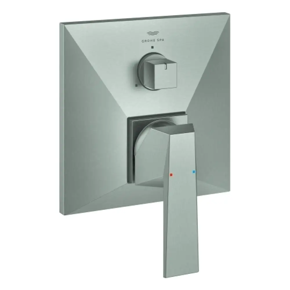 Grohe Mischbatterie mit quadratischem Design, runder Wasserregelung und einem Hebel in Edelstahloptik. Rote und blaue Markierungen für Warm- und Kaltwasser.