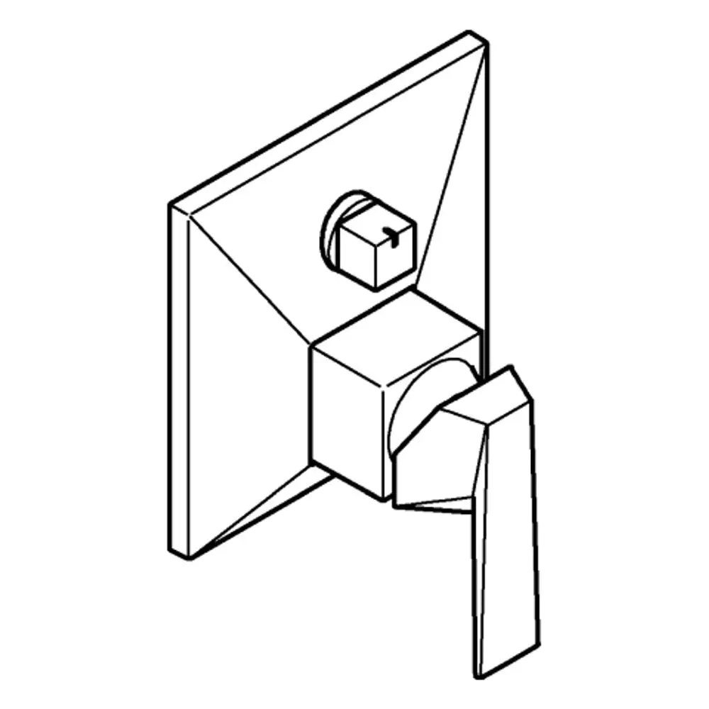 Wandmontierte Armatur mit Drehhebel aus dem Hause Grohe, ausgestattet für einen 3-Wege-Umschalter, in schlichten geometrischen Formen.