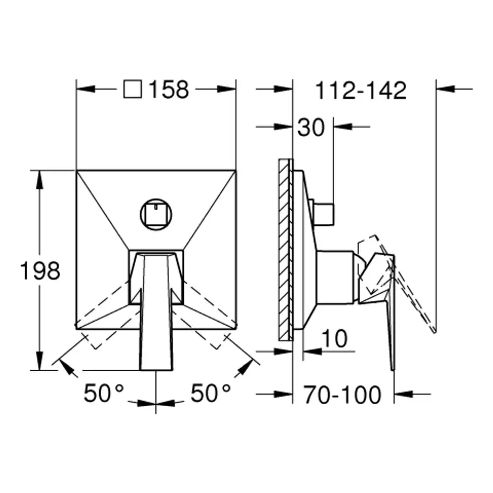 Grohe Armatur mit quadratischem Kopf, Ansicht von vorne und der Seite, Maße und Befestigungsdetails schematisch dargestellt.