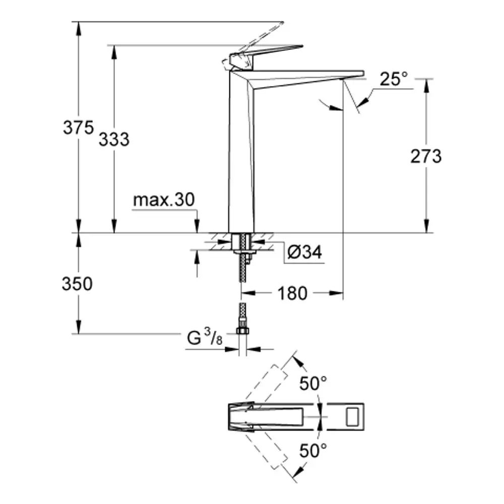 GROHE-Armatur für Waschbecken, grafische Darstellung mit Abmessungen, Anschlussdetails und Abstimmungswinkeln. Technisches Produktdesign in klarer Linienführung.
