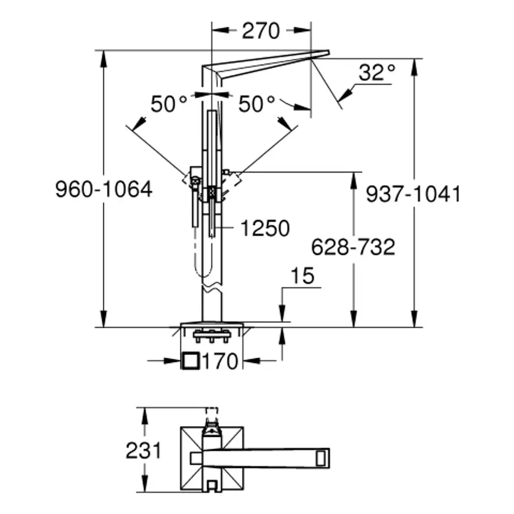 GROHE Armatur mit Bodenmontage und klaren Linien. Maße und Details sind schematisch dargestellt, geeignet für Badezimmerinstallationen.