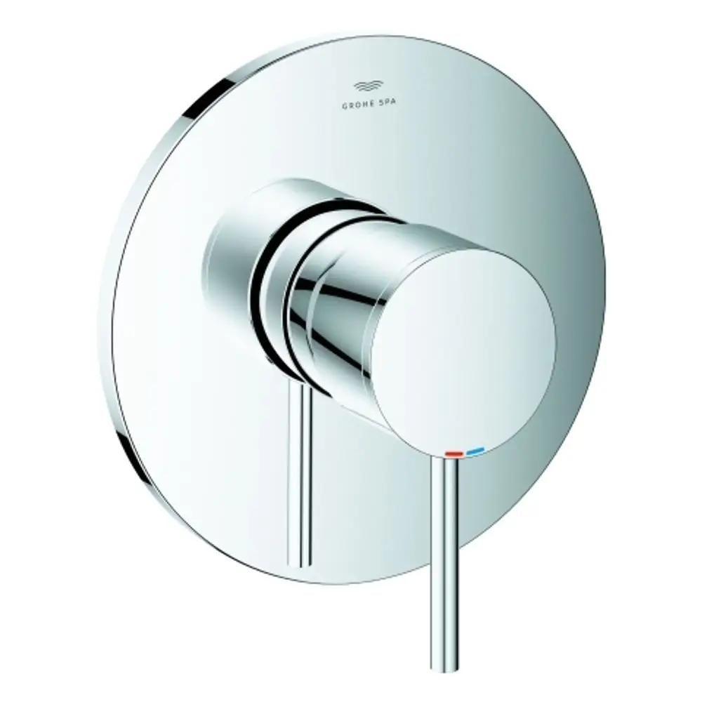 GROHE-Brausebatterie in chrom mit kreisförmigem Montagering und zwei Bedienungselementen für Temperatur- und Wasserflussregelung.