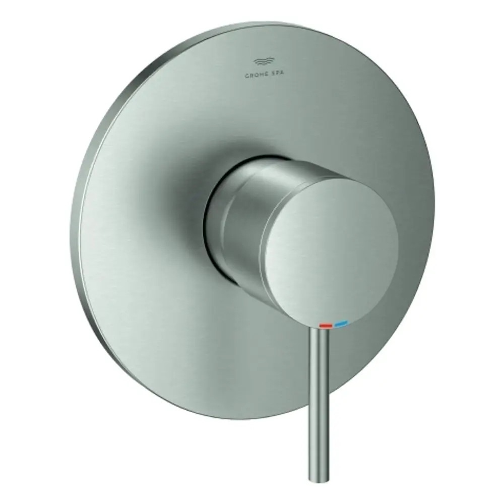Edelstahlfarbene GROHE Armatur mit runder Blende und einem zentralen Drehregler. Der Griff hat farbige Indikatoren für heißes (rot) und kaltes (blau) Wasser.