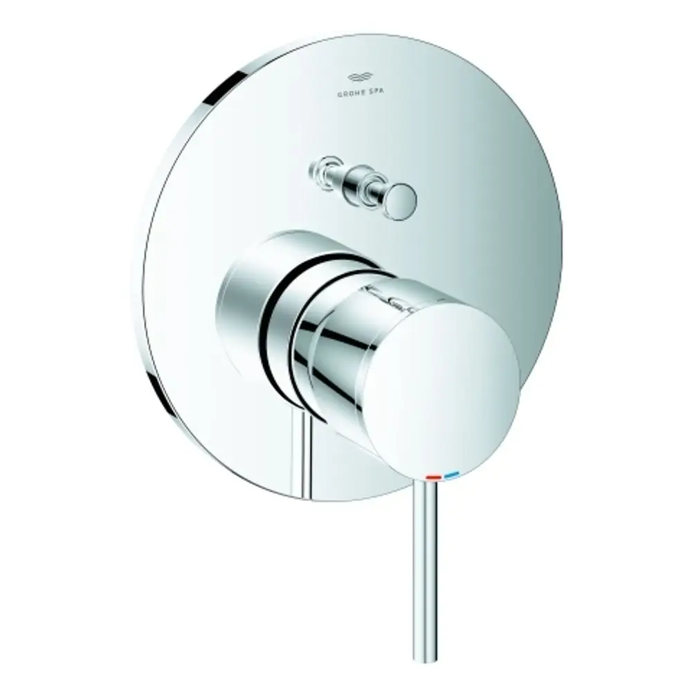 Wannenbatterie von Grohe mit runder Wandplatte und einem zentralen Bedienhebel. Zwei zusätzliche Knöpfe für die Temperaturregelung sind sichtbar. Oberfläche in glänzendem Chrom.