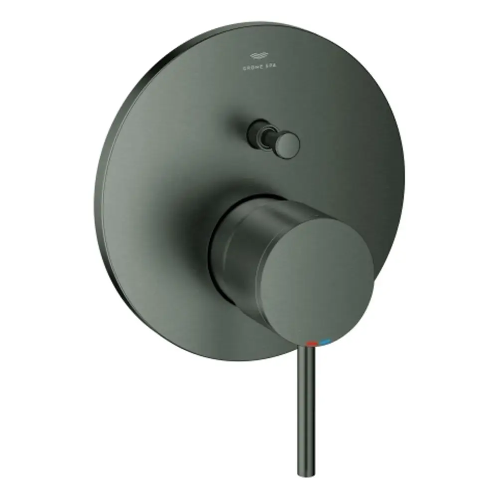 Schwarze Wandbatterie von Grohe mit kreisförmigem Design. Der Hauptregler ist zylindrisch und bietet eine Temperaturregelung mit Farbmarkierungen.