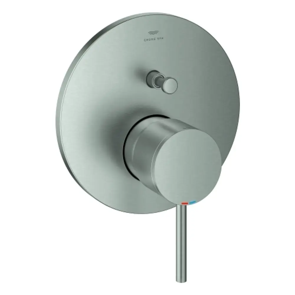 GROHE Wannenbatterie in Edelstahl-Optik mit runder Wandplatte. Ein Bedienknopf zur Temperaturregelung und ein weiterer für die Wasserzufuhr sind vorhanden.
