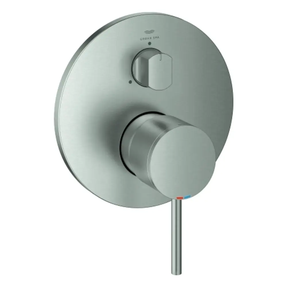 Grohe Einhandbatterie in mattem Edelstahl-Finish mit runder Wandplatte und einem Hebel für Temperatur- und Wasserregelung.