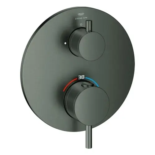Thermostat Bedienfeld mit zwei runden Drehknöpfen, Temperaturanzeige in Grad, matte schwarze Oberfläche und modernes Design.