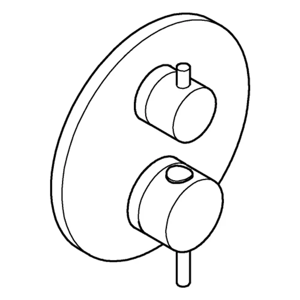 GROHE Brausebatterie mit runden Bedienelementen und einer Wandmontageplatte. Das Produkt hat eine gebürstete Oberfläche in der Farbe Hard Graphite.