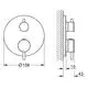 GROHE Produktzeichnung eines Duschbatterie-Teils mit zwei Anschlüssen, seitlicher Ansicht und Maßen, die das Design und die Montageanleitung darstellen.