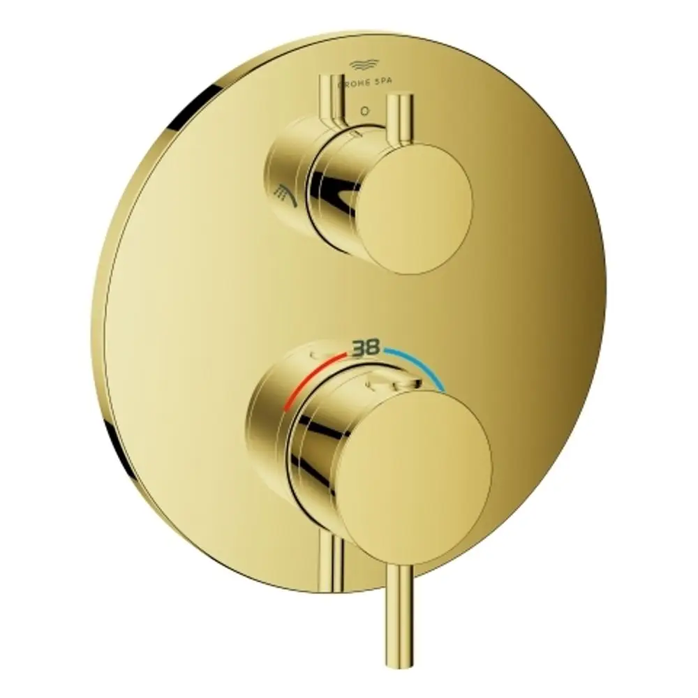 GROHE Brausebatterie mit zwei Reglereinheiten, einer Temperaturanzeige und einer Umstellung für die Wasserzufuhr, in goldener Ausführung.