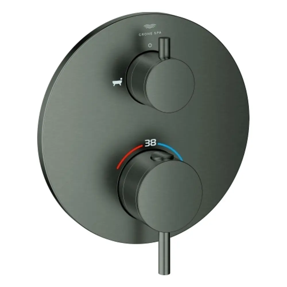 GROHE-Duschregler mit zwei Bedienknöpfen zur Einstellung von Temperatur und Wasserfluss, in mattem Graphit. Zeigt eine Temperaturanzeige bis 38 Grad.