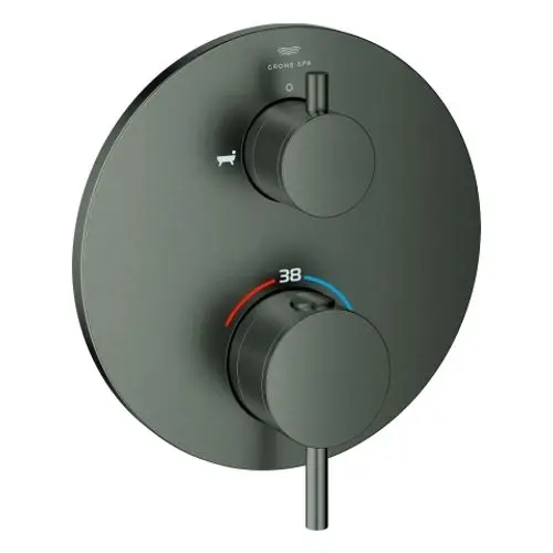 GROHE-Duschregler mit zwei Bedienknöpfen zur Einstellung von Temperatur und Wasserfluss, in mattem Graphit. Zeigt eine Temperaturanzeige bis 38 Grad.