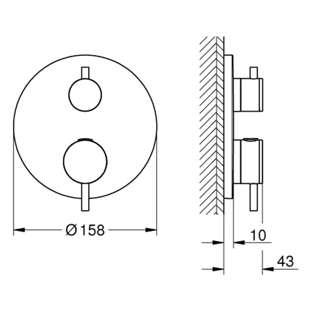 Technische Zeichnung eines Grohe-Produktes, das eine runde Form mit zwei Auslassöffnungen darstellt. Seitenansicht zeigt die Montageart und Maße.