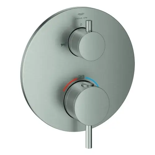 GROHE Thermostat-Wannenbatterie mit zwei Drehknöpfen zur Temperatur- und Wasserregulierung auf runder, flacher Grundplatte in Edelstahloptik.