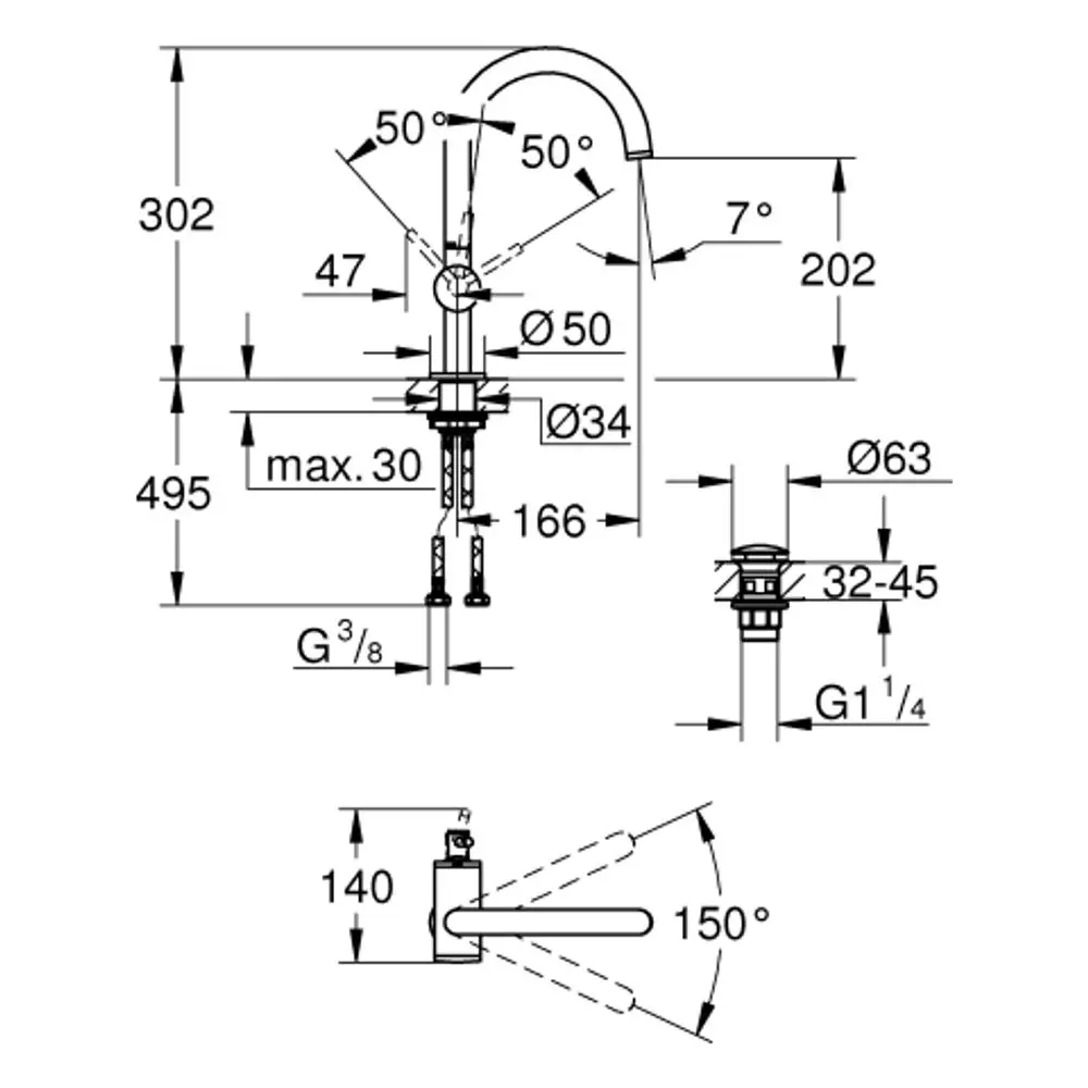 Grohe Einhand-Waschtischbatterie mit gebogenem Auslauf, montiert auf einer Basis. Technische Zeichnung mit Maßen und Anschlüssen.
