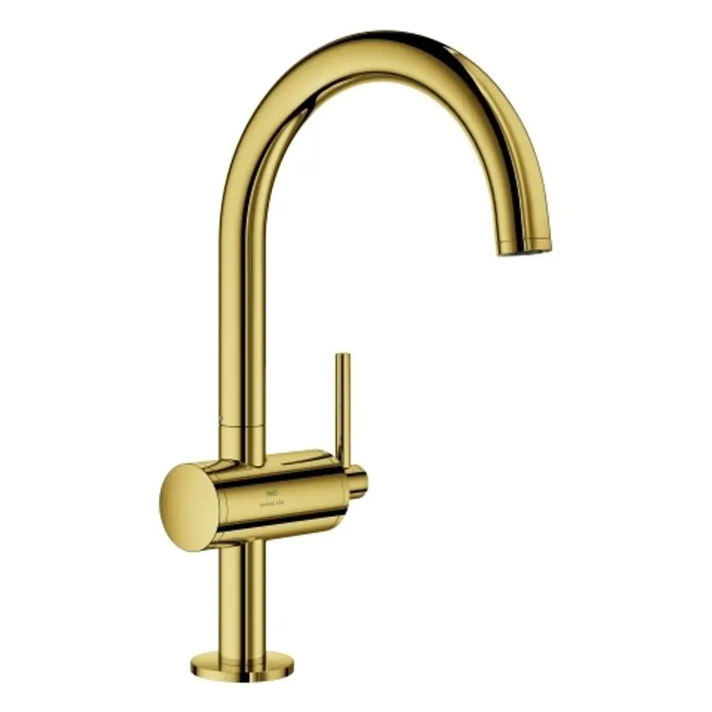 Grohe Einhand-Waschtischbatterie in goldfarbenem Finish mit einem geschwungenen Auslauf und seitlichem Hebel zur Temperatur- und Mengenregulierung.