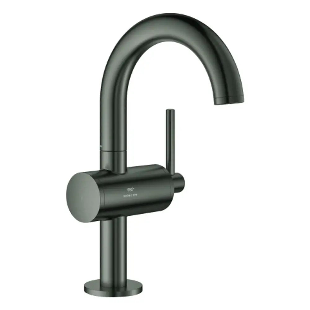 Einhand-Waschtischbatterie in mattem Schwarz mit gebogenem Auslauf und seitlichem Hebel. Grohe-Logo auf der Vorderseite sichtbar.
