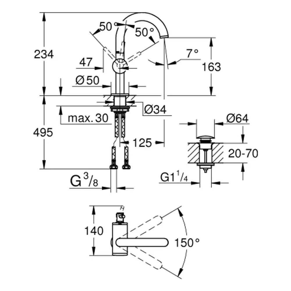 Waschtischbatterie von Grohe mit einem schwenkbaren Wasserhahn und einer Einhebel-Bedienung, abgebildet in technischem Schema mit Maßangaben.