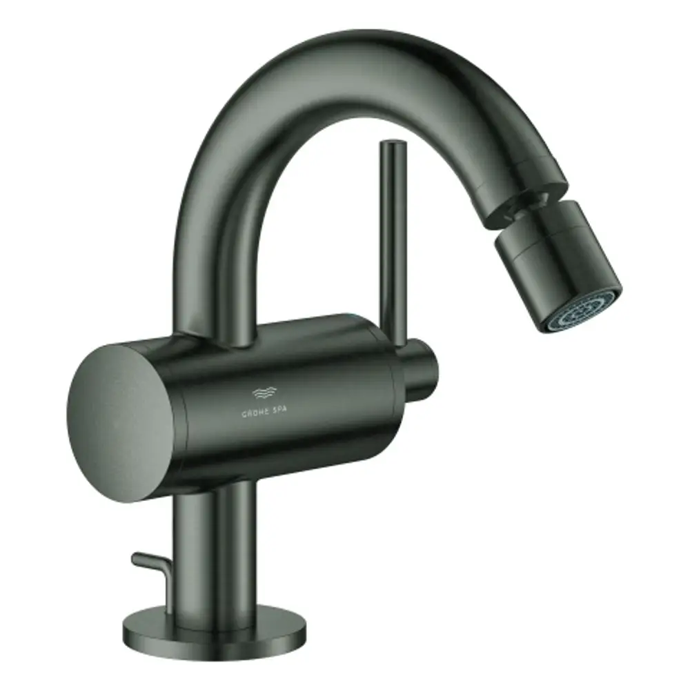 Grohe Einhand-Bidetbatterie in hard graphite mit gebürsteter Oberfläche und schwenkbarem Auslauf, ausgestattet mit einem Hebel zur Wasserregulierung.