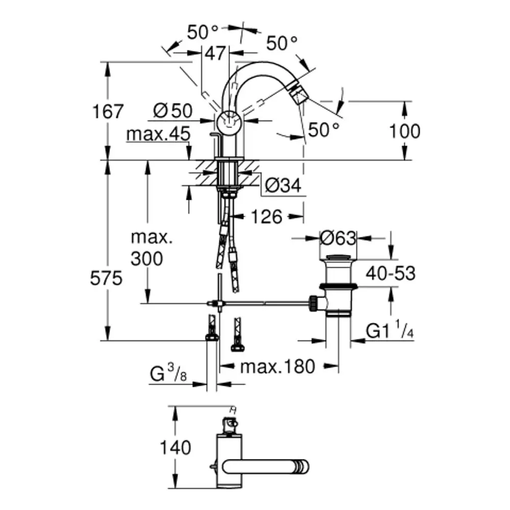 Grohe Bidetbatterie mit flexibler Armatur, senkrecht montiert, mit detaillierten Maßen und Anschlüssen, dargestellt in schematischer Zeichnung.