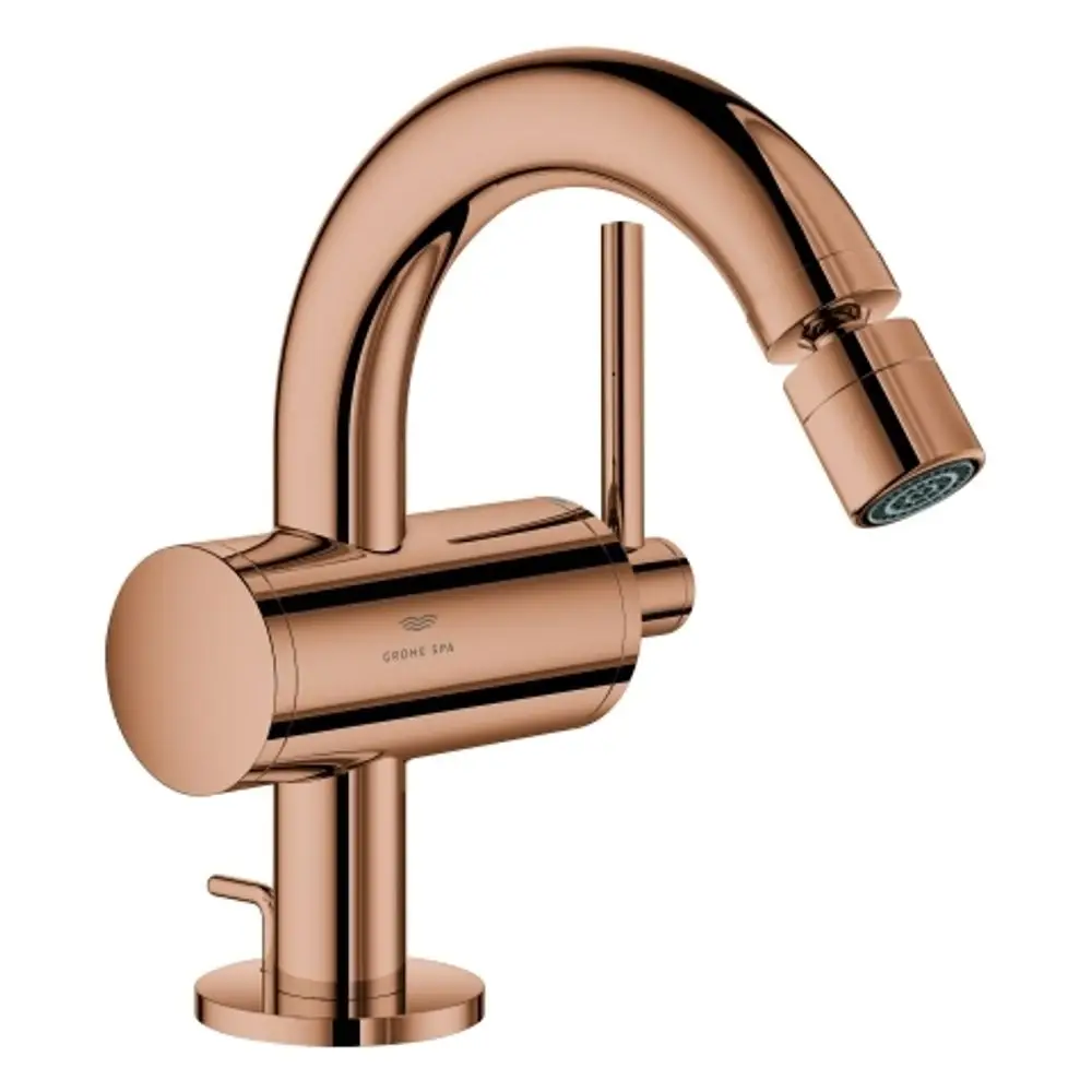 Grohe Bidetbatterie in Kupferoptik mit einem gebogenen Auslauf und einem seitlichen Hebel zur Wassersteuerung. Modernes Design für Badezimmeranwendungen.